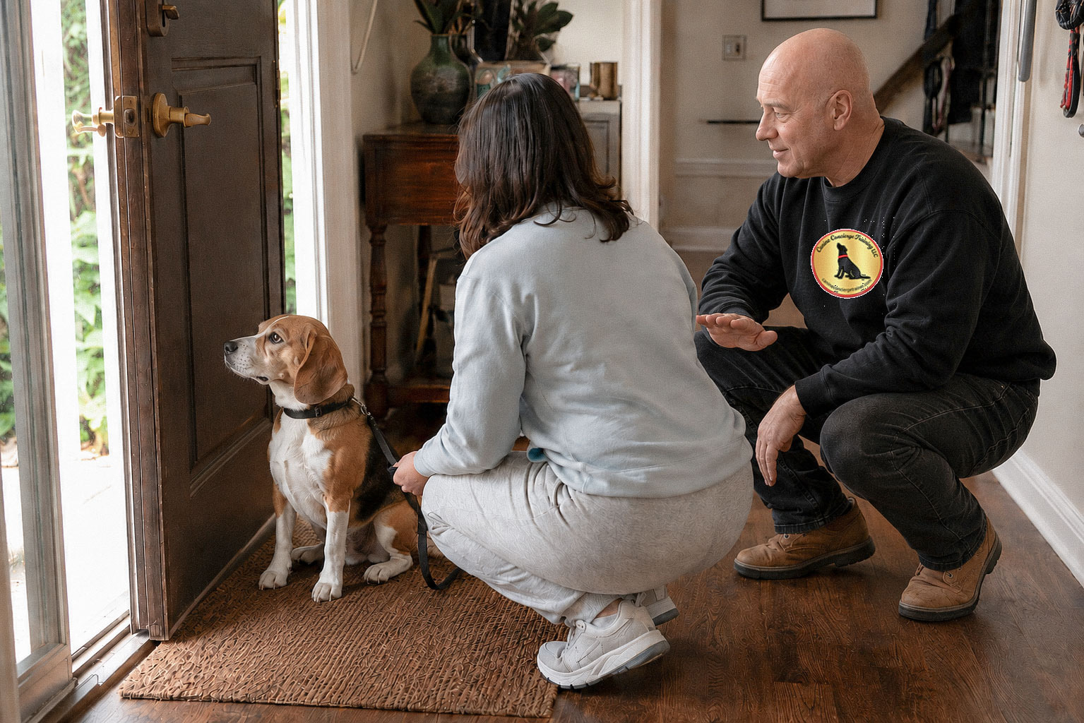 A dog sitting calmly at an open front door instead of bolting or jumping — the settled, well-mannered greeting you're working toward, taught in your own home.
