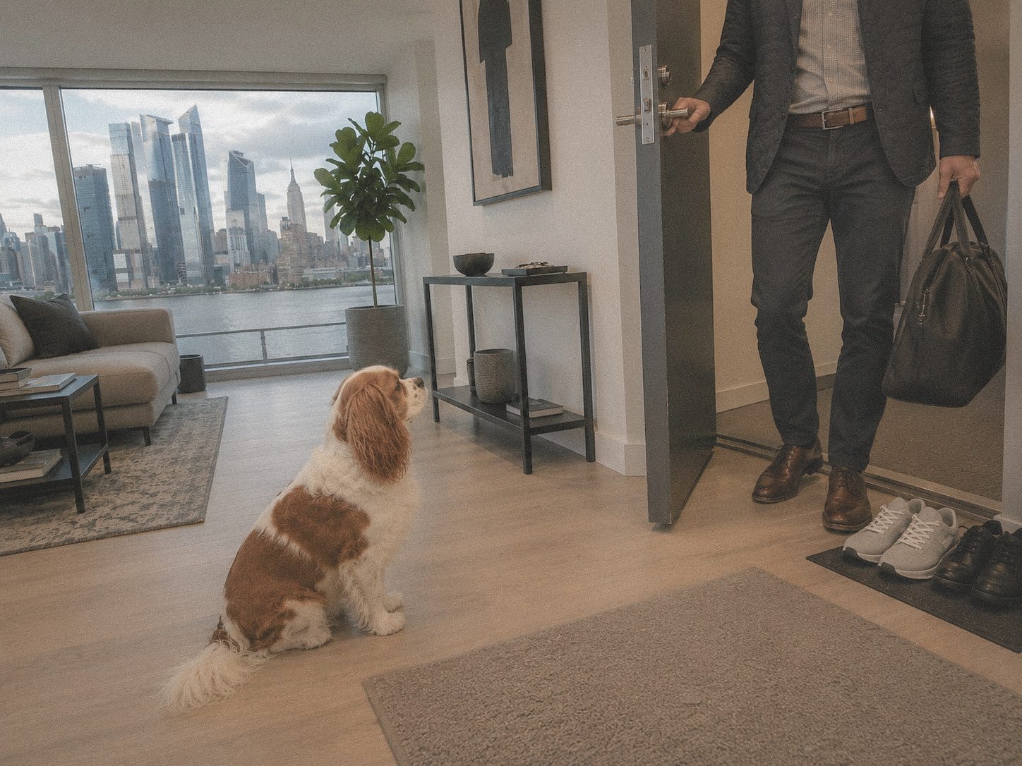 A dog holding a calm, steady sit by the open apartment door as a guest walks in — the composed, no-jumping greeting you want when someone arrives at your home.